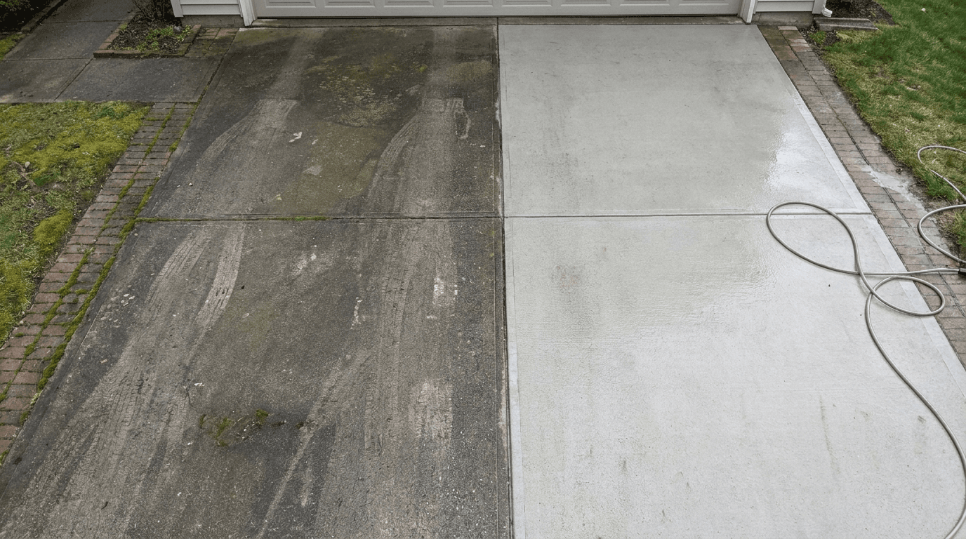 Top-down split image of a concrete driveway — one half stained and dark, the other freshly cleaned and bright