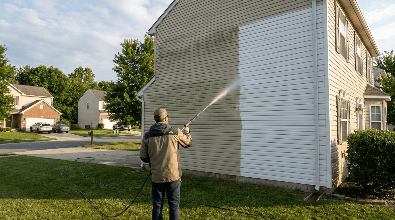 Before/after of a two-story home's vinyl siding being soft washed — clean bright section next to a dirty section