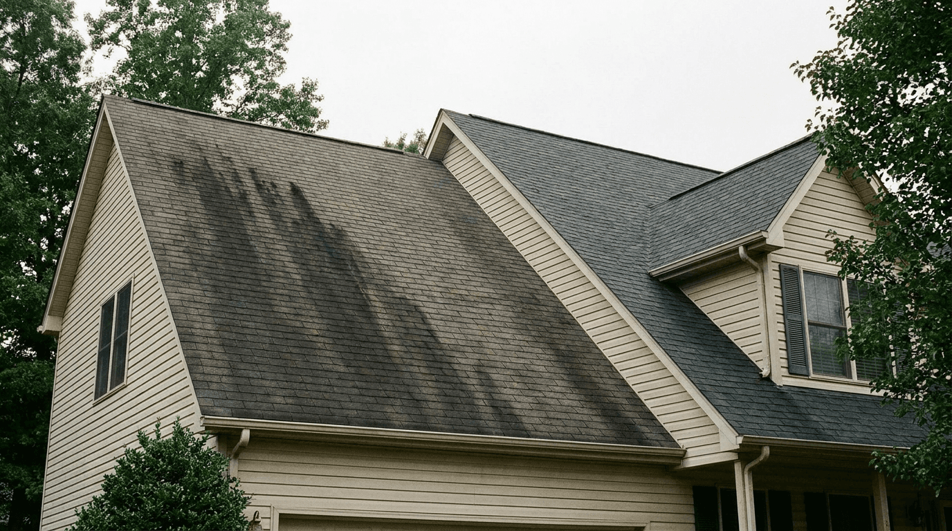 Asphalt shingle roof with black algae streaks on one slope and a clean streak-free slope on the other