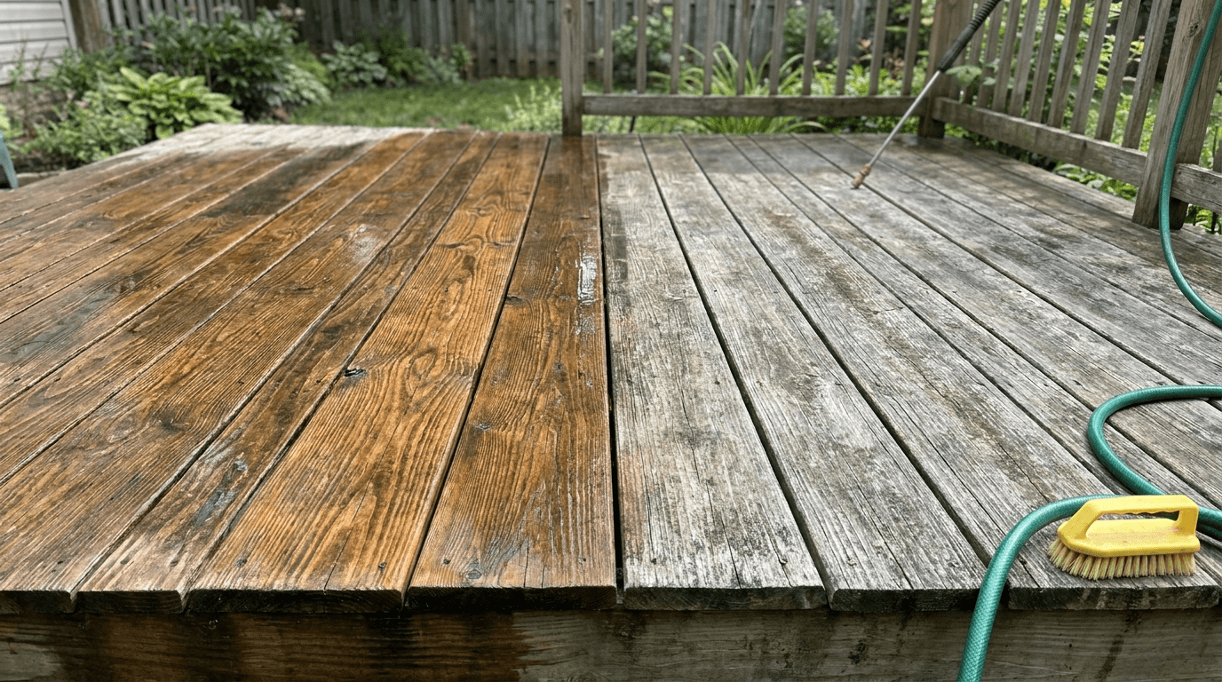 Weathered gray wooden deck half cleaned to reveal warm natural wood tone