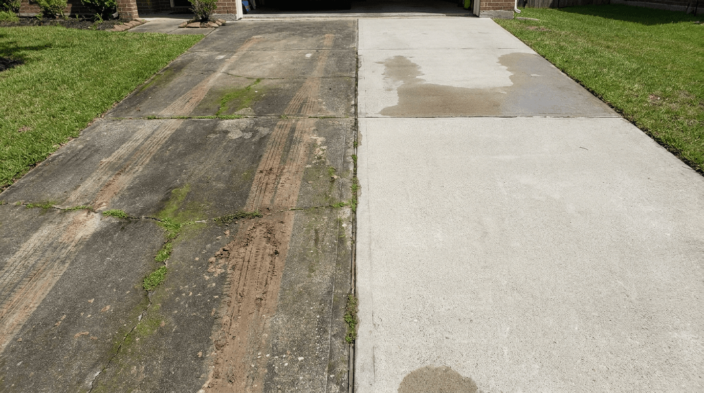 Top-down before and after split of a concrete driveway — stained half versus freshly washed half