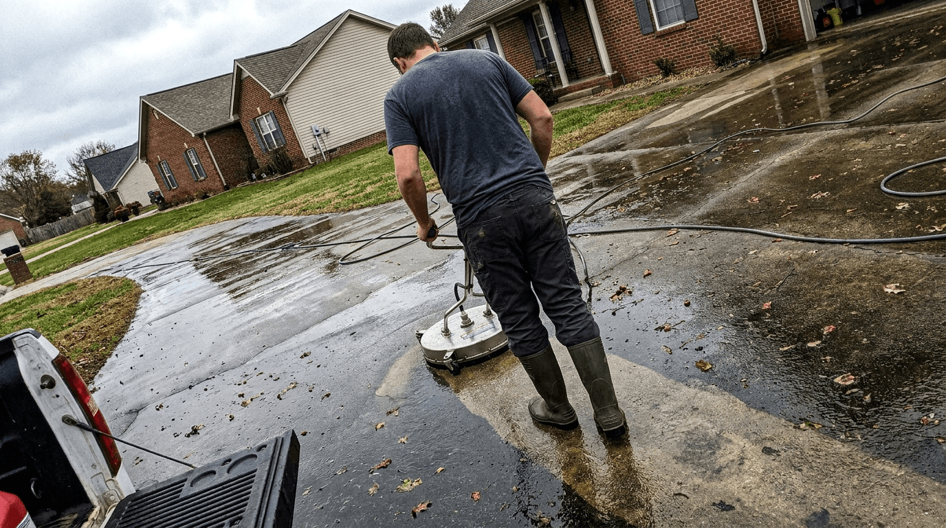 Technician pressure washing a concrete driveway, a clean bright stripe cutting through the grime